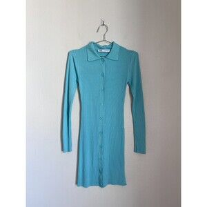 Zara Rib Knit Polo Mini Dress in Blue Size LARGE